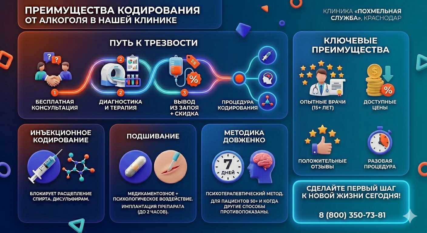 Инфографика о методах кодирования от алкоголя в Приморске: инъекции, подшивание, метод Довженко. Преимущества клиники и этапы лечения.